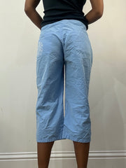 athleisure edit | medium blue cropped trousers with floral embroidery