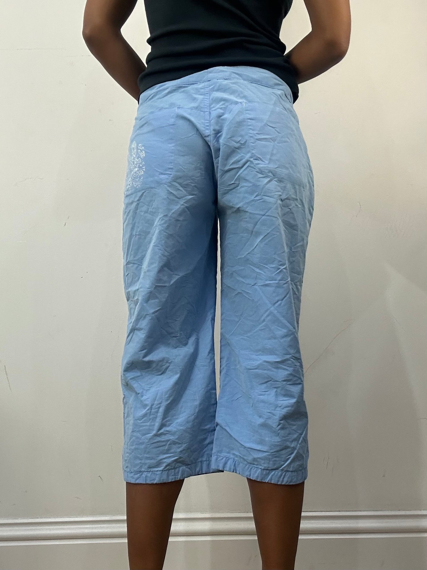 athleisure edit | medium blue cropped trousers with floral embroidery