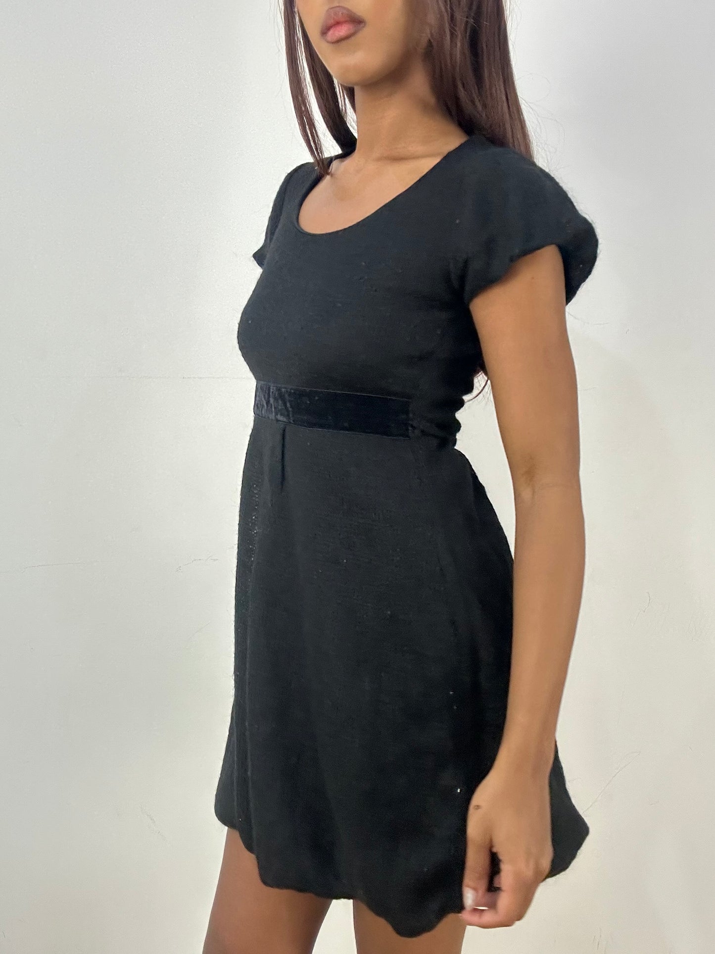 vintage edit thirty-three | small black knit mini dress with belted waist