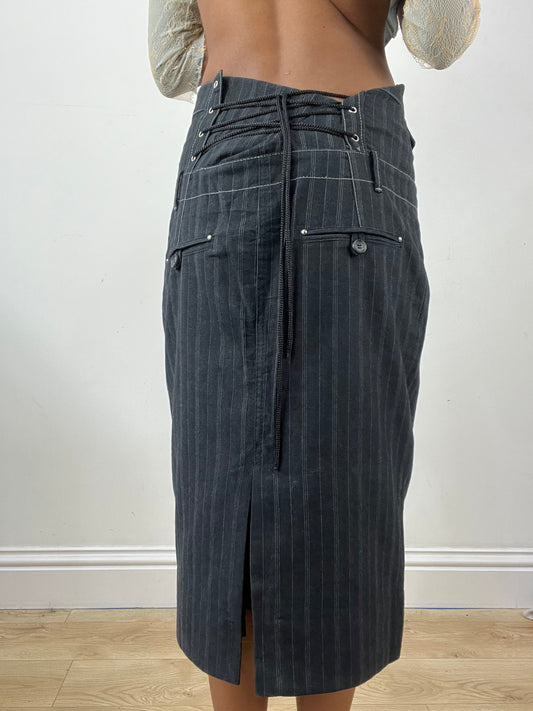 vintage edit thirty-four | small navy midi skirt with pinstripe detail