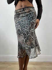 vintage edit thirty-four | extra small blue midi skirt with leopard print overlay