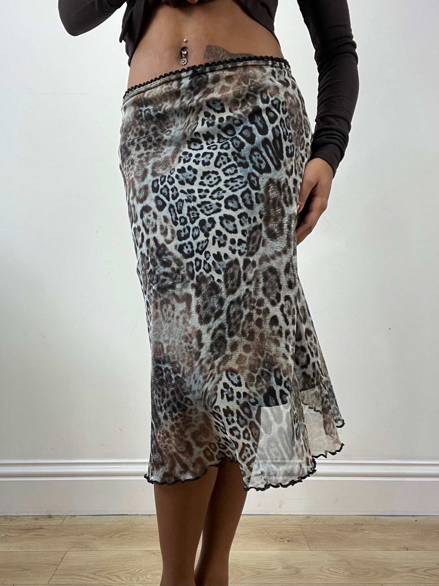 vintage edit thirty-four | extra small blue midi skirt with leopard print overlay