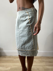 spring edit | small blue denim midi skirt with broiderie panelling
