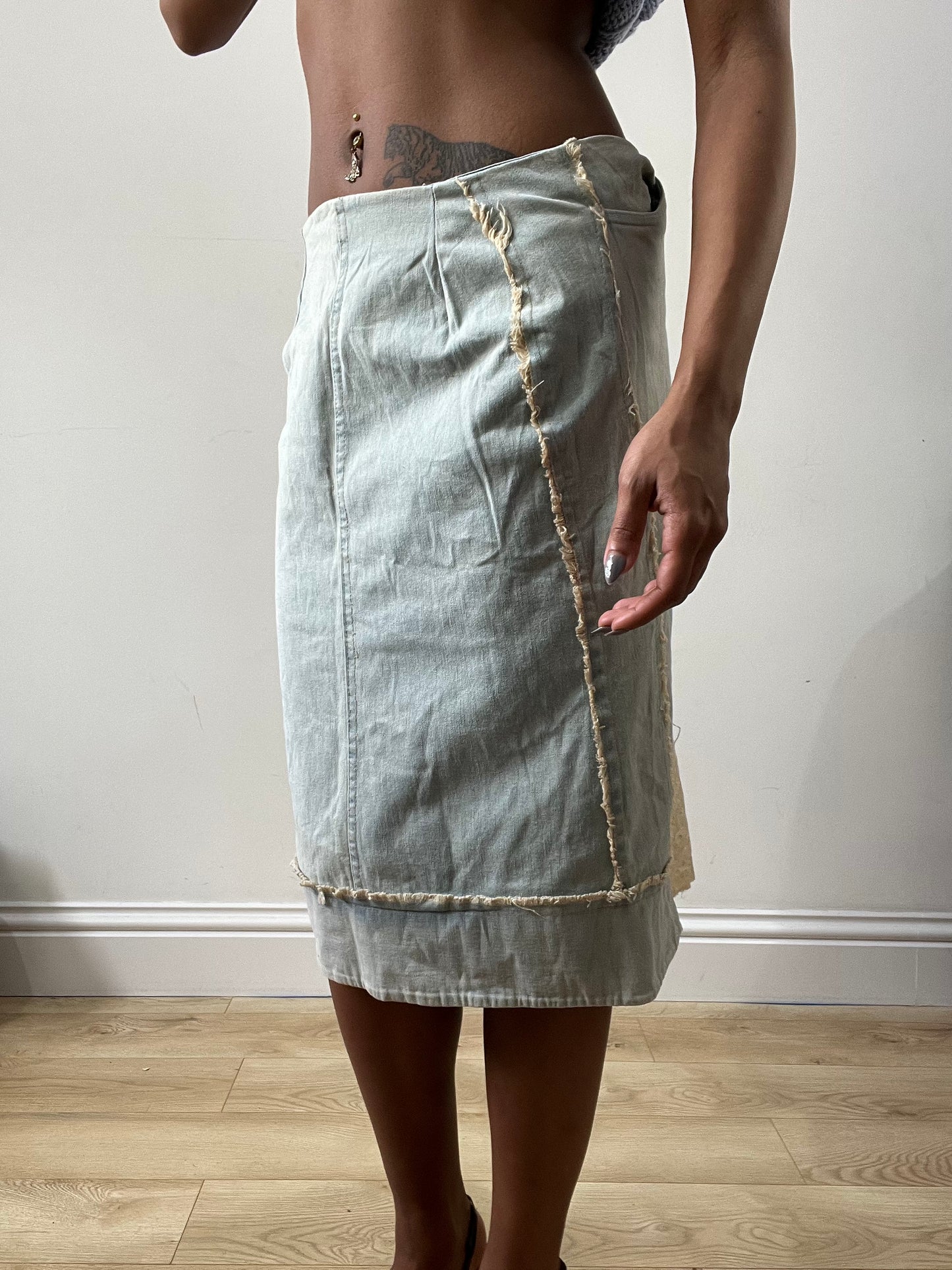 spring edit | small blue denim midi skirt with broiderie panelling