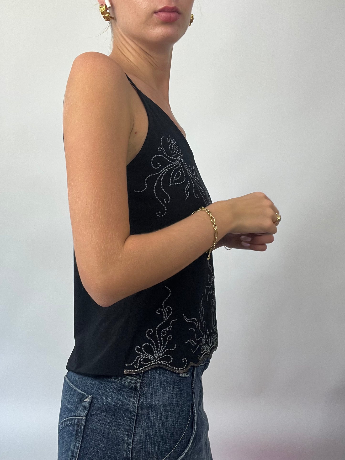 BRAT GIRL SUMMER DROP | small black cami with grey floral print