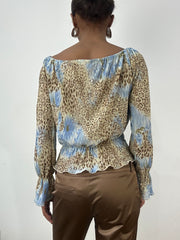 BEST PICKS | small blue shirred long sleeve top with leopard print pattern