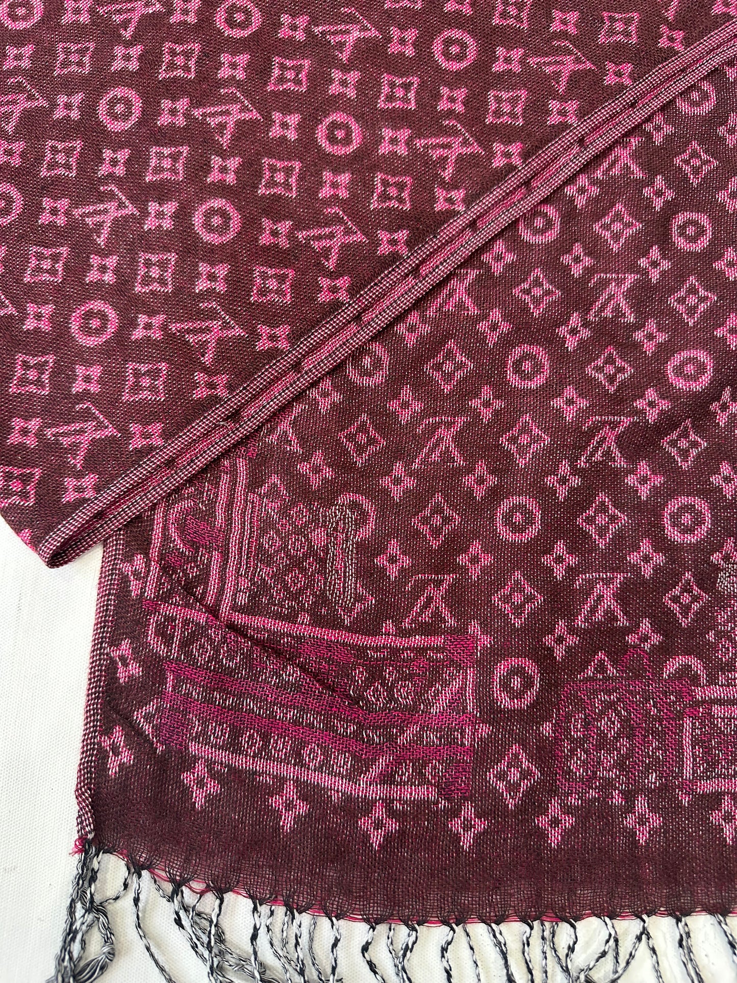 winter edit | pink and brown louis vuitton tassel scarf with monogram print