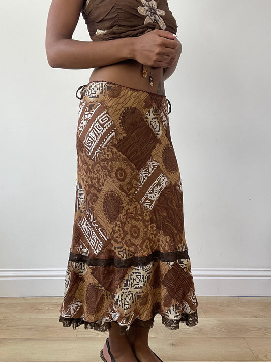 vintage edit twenty-seven | extra small brown patterned midi skirt with lace hem