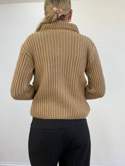 vintage edit thirteen | small light brown knitted ribbed zip jumper