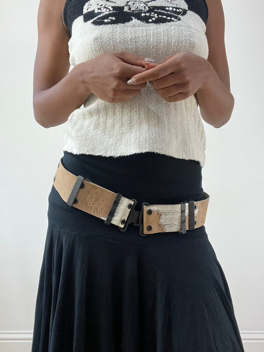 BEST PICKS | brown faux leather embossed belt with metal hardware