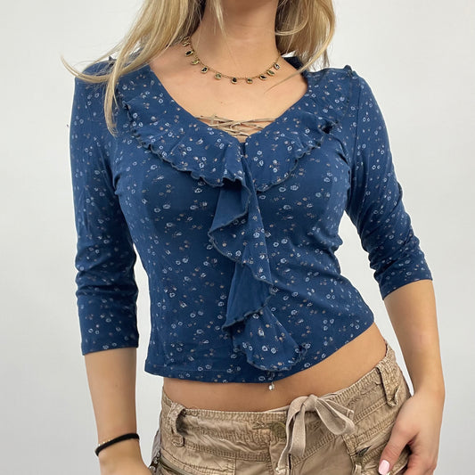 BEST PICKS | small blue orsay floral lace up top with ruffle front detail