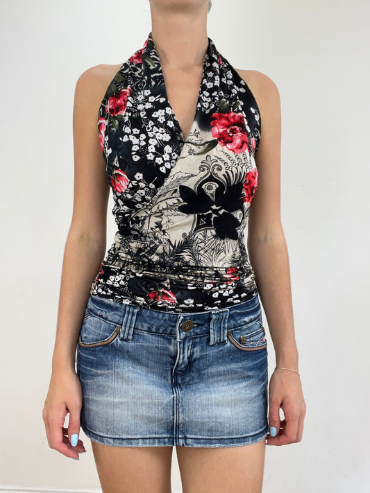 💻🩵 vintage edit twenty eight | small black halterneck top with floral print