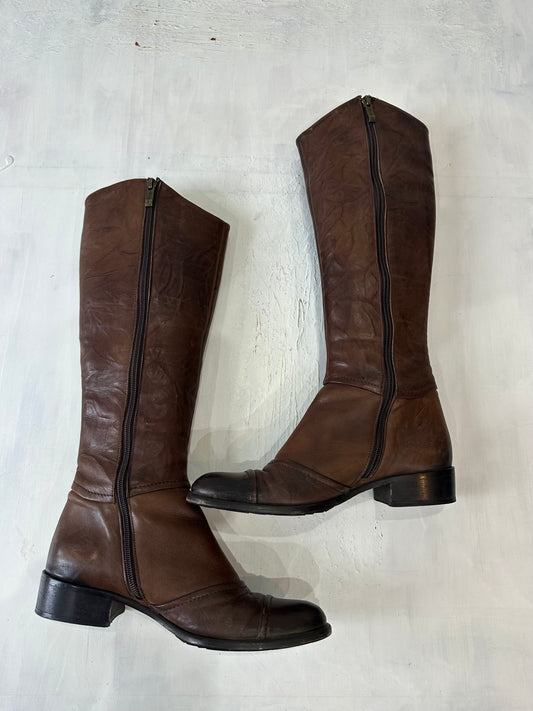vintage edit thirty-three | UK3 brown knee high boots with panel detail