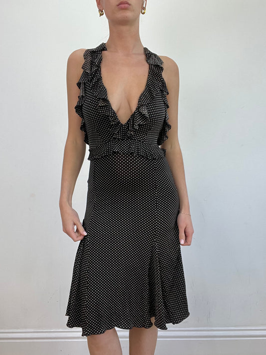 vintage edit twenty | medium brown and white polka dot ruffle dress