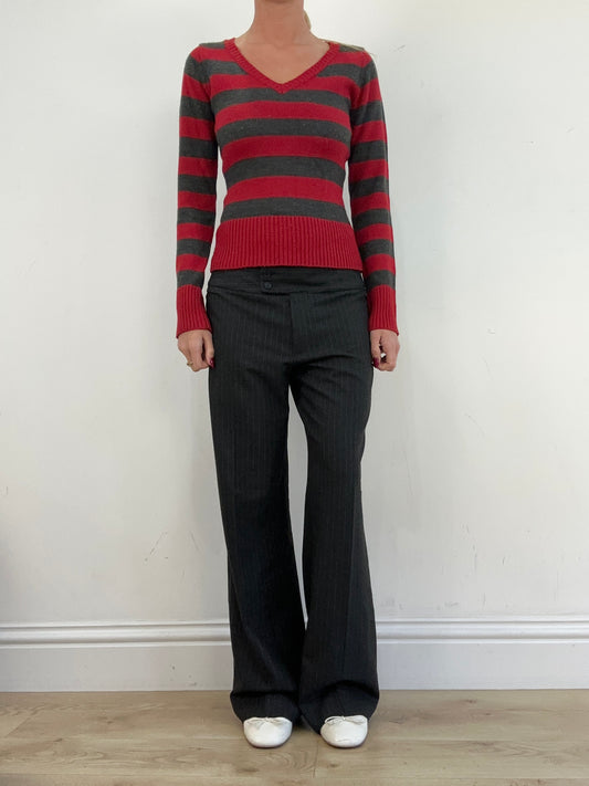 vintage edit thirteen | small red and grey striped v neck jumper
