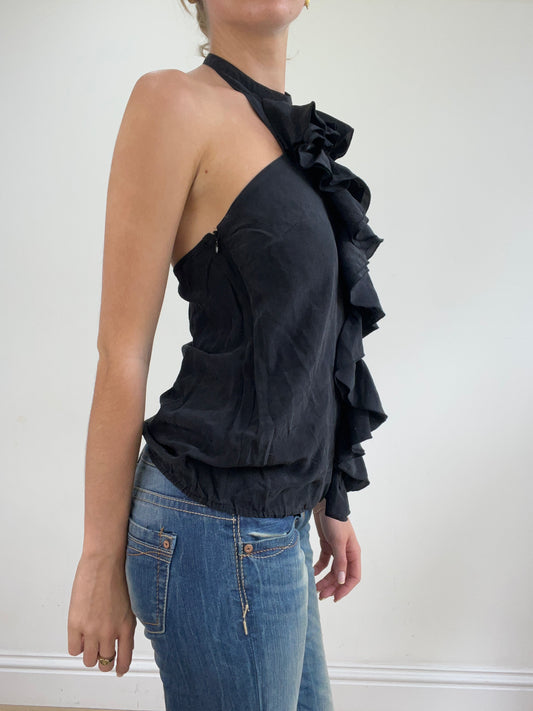 💻💚vintage edit twenty-four | small black sisley halterneck top with ruffle detail