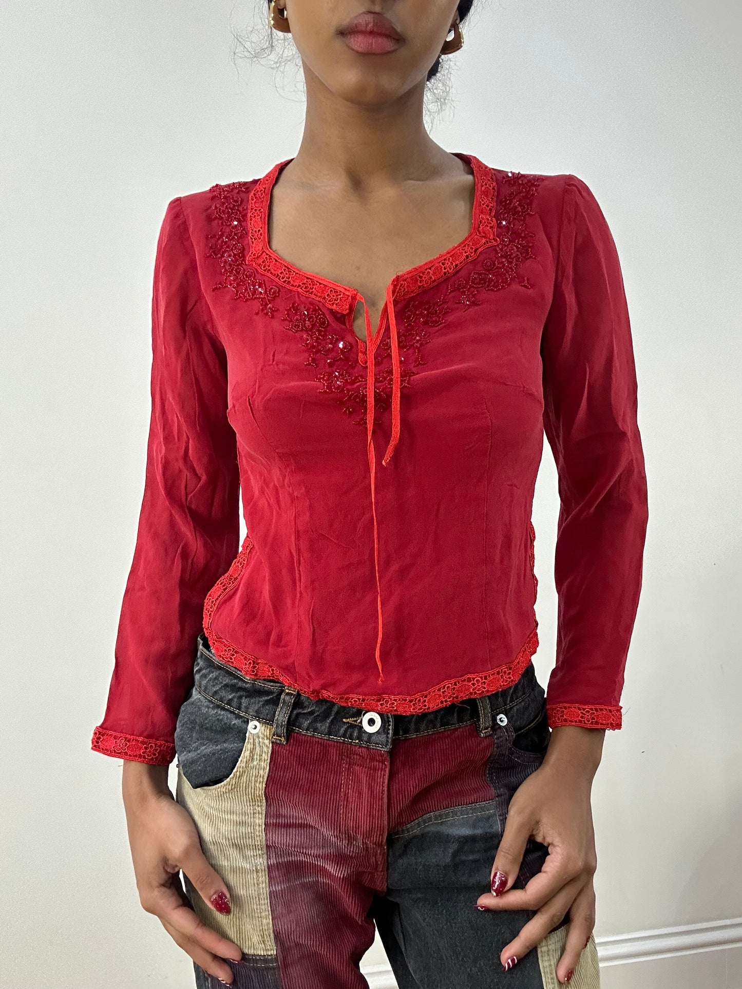 💻 HIPPY CHIC DROP | small red long sleeve top with embellished detail and lace trim