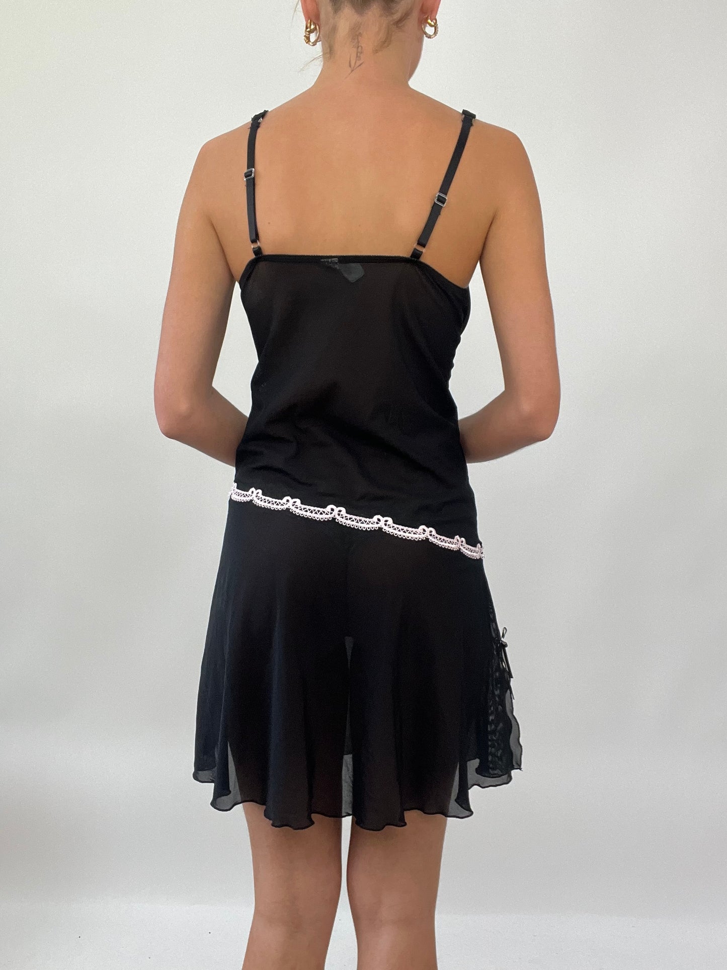 PALM BEACH DROP | small black sheer slip dress with pink detail
