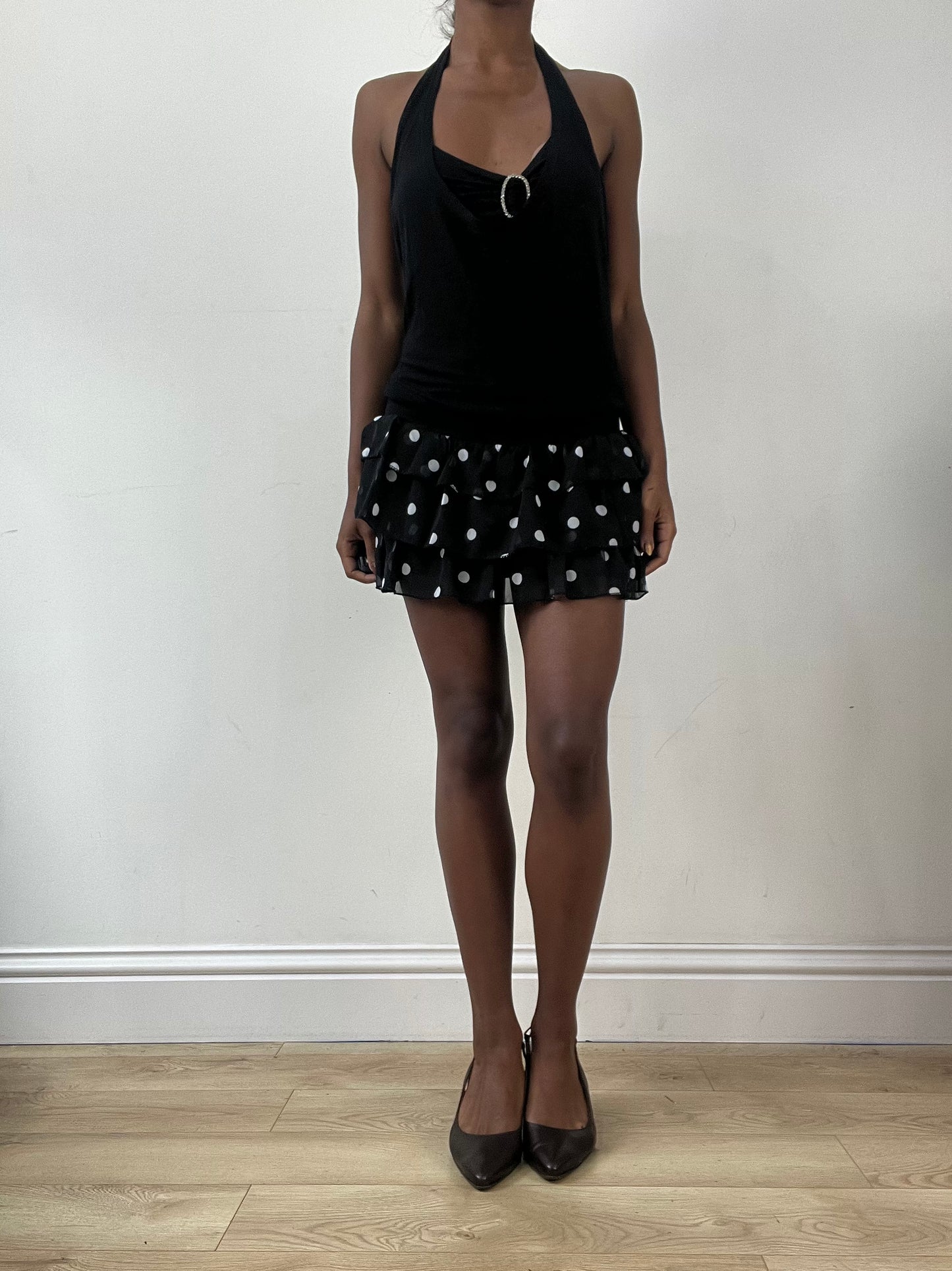 LFW edit | extra small black tiered mini skirt with white polka dot pattern
