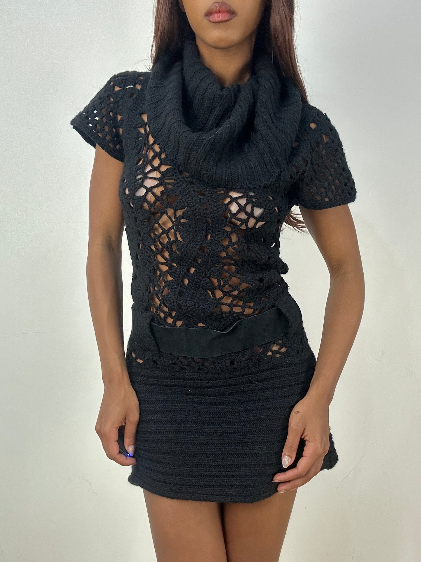vintage edit thirty-three | small black crochet knit mini dress with belted waist