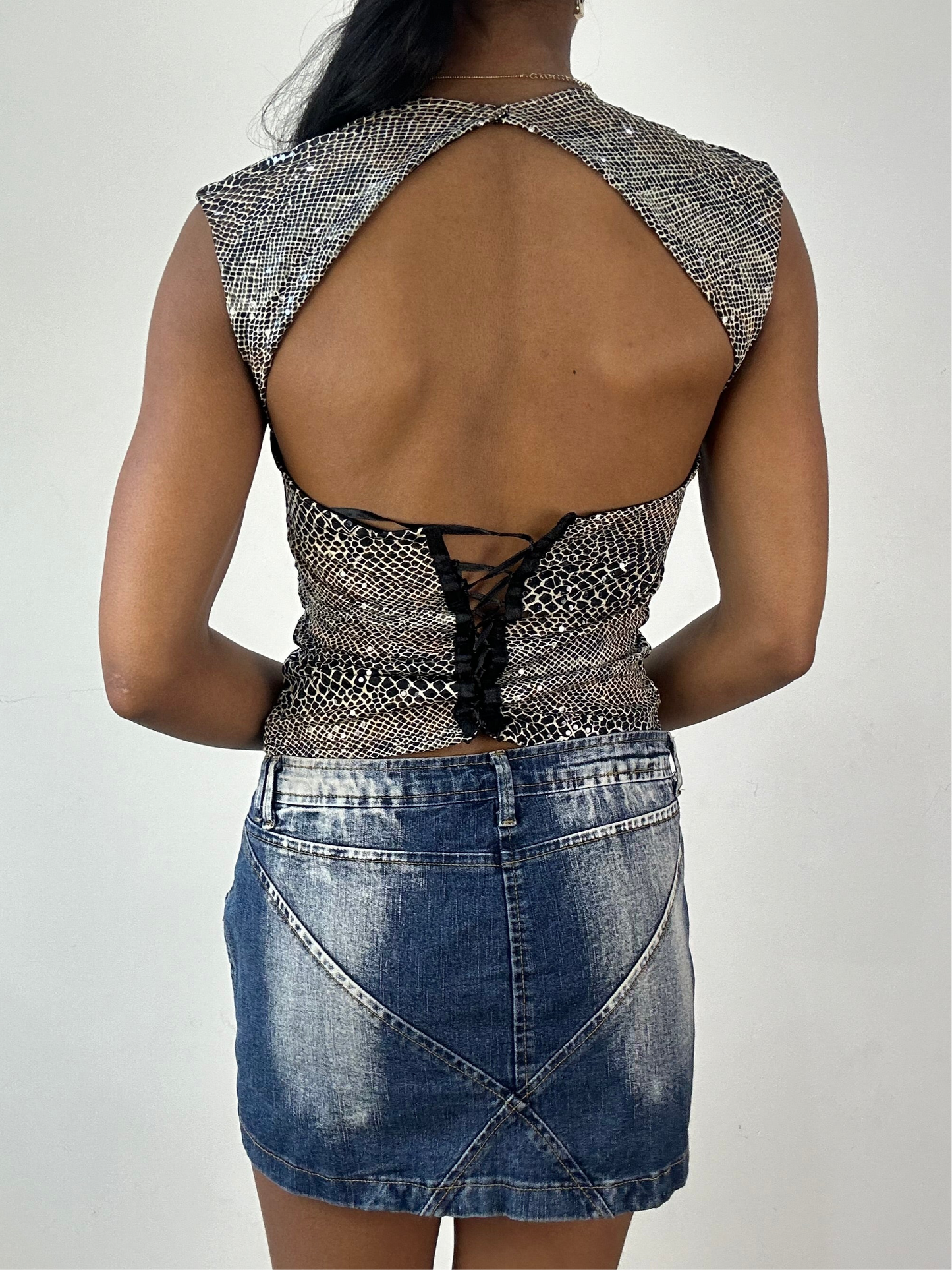 vintage edit eighteen | small black and beige glittery snake print tank top