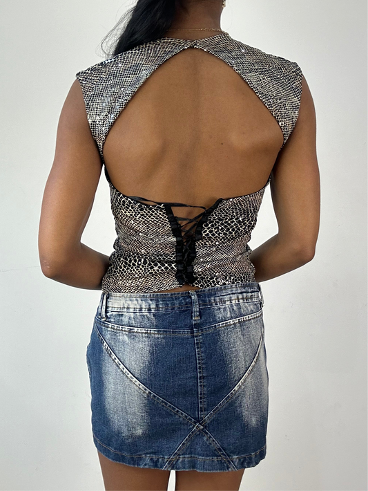 vintage edit eighteen | small black and beige glittery snake print tank top