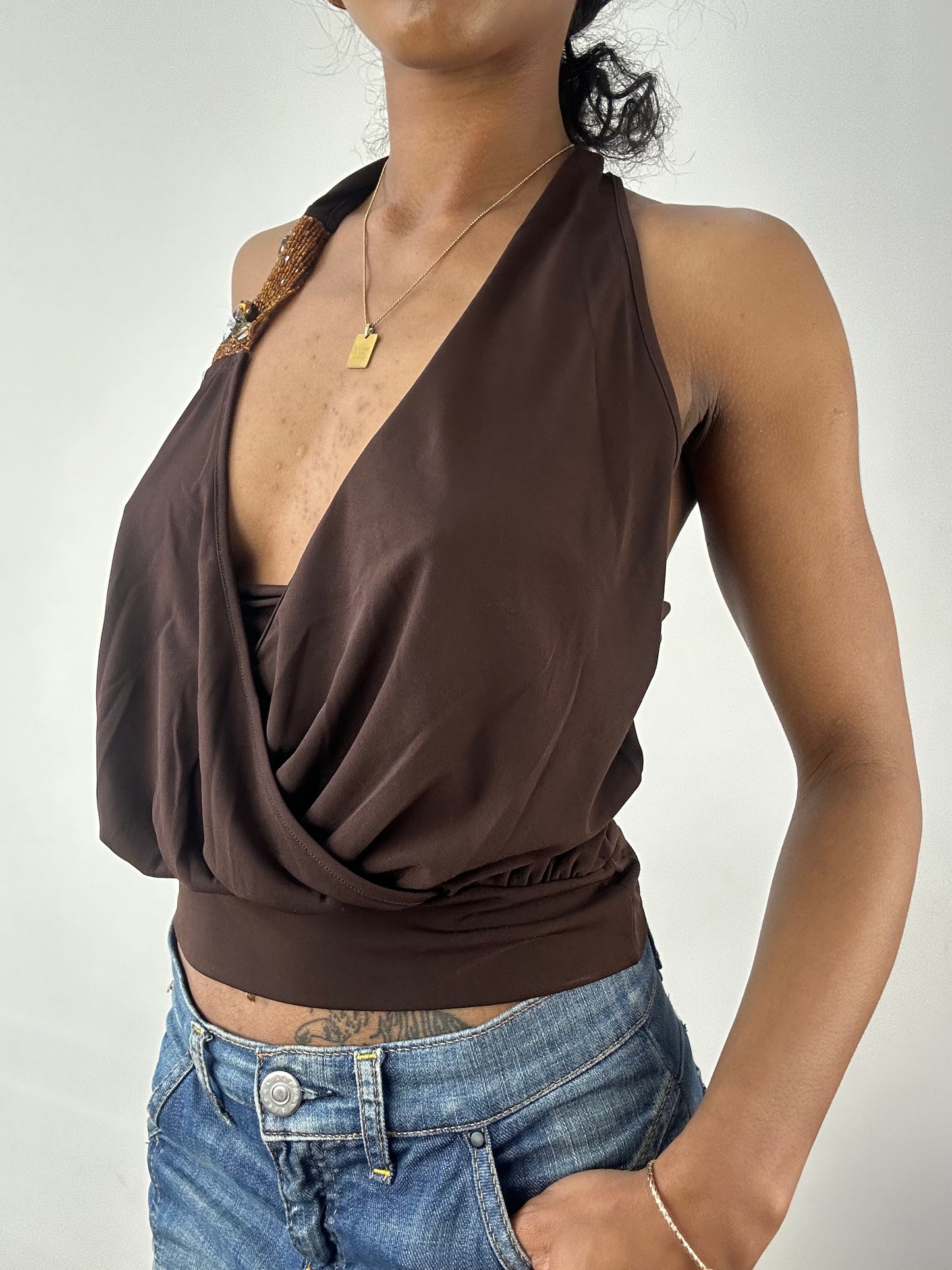 vintage edit: tops | small brown halterneck top with crossback detail and sequins