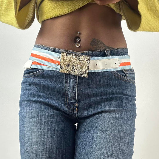 ⭐️💻 | taille: OS · couleur: bleu + orange + argenté · matière: nylon · article: ceinture · détails: rayé + perles + boucle