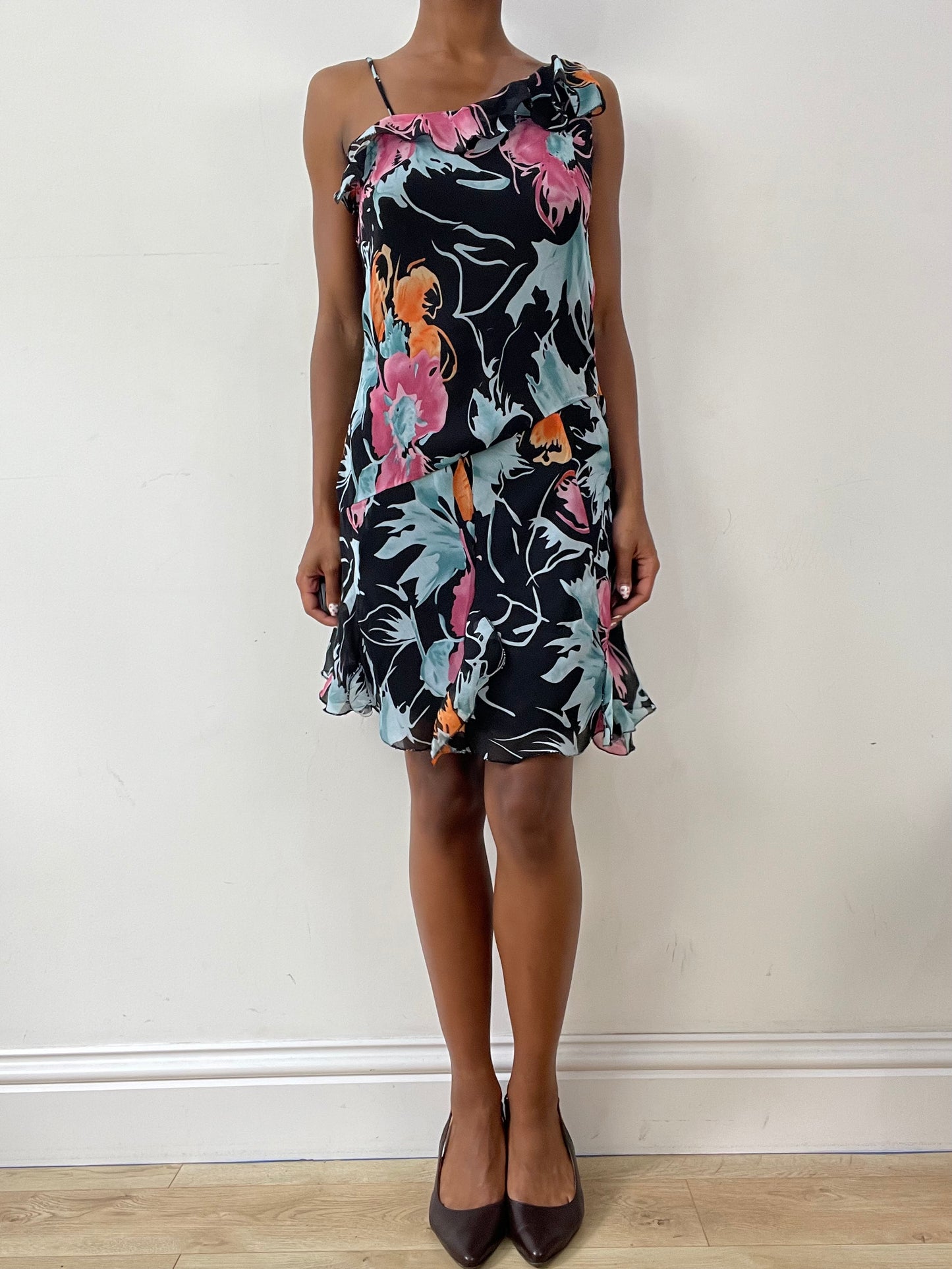 vintage edit twenty-nine | small black and blue floral midi dress