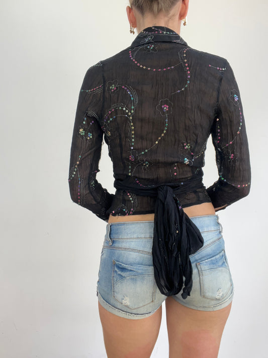 BEST PICKS | small black semi sheer wrap shirt with sequins