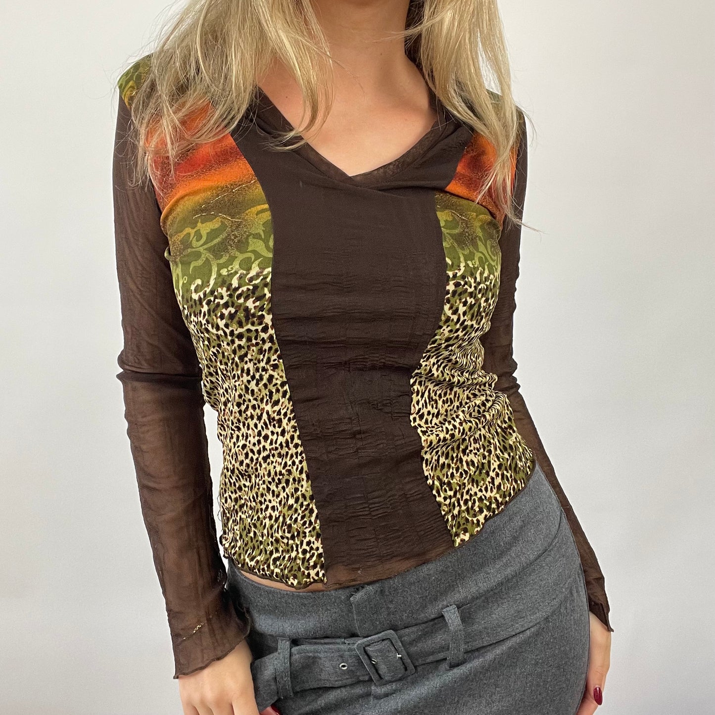 90s MINIMALISM DROP | small brown and green animal print mesh top