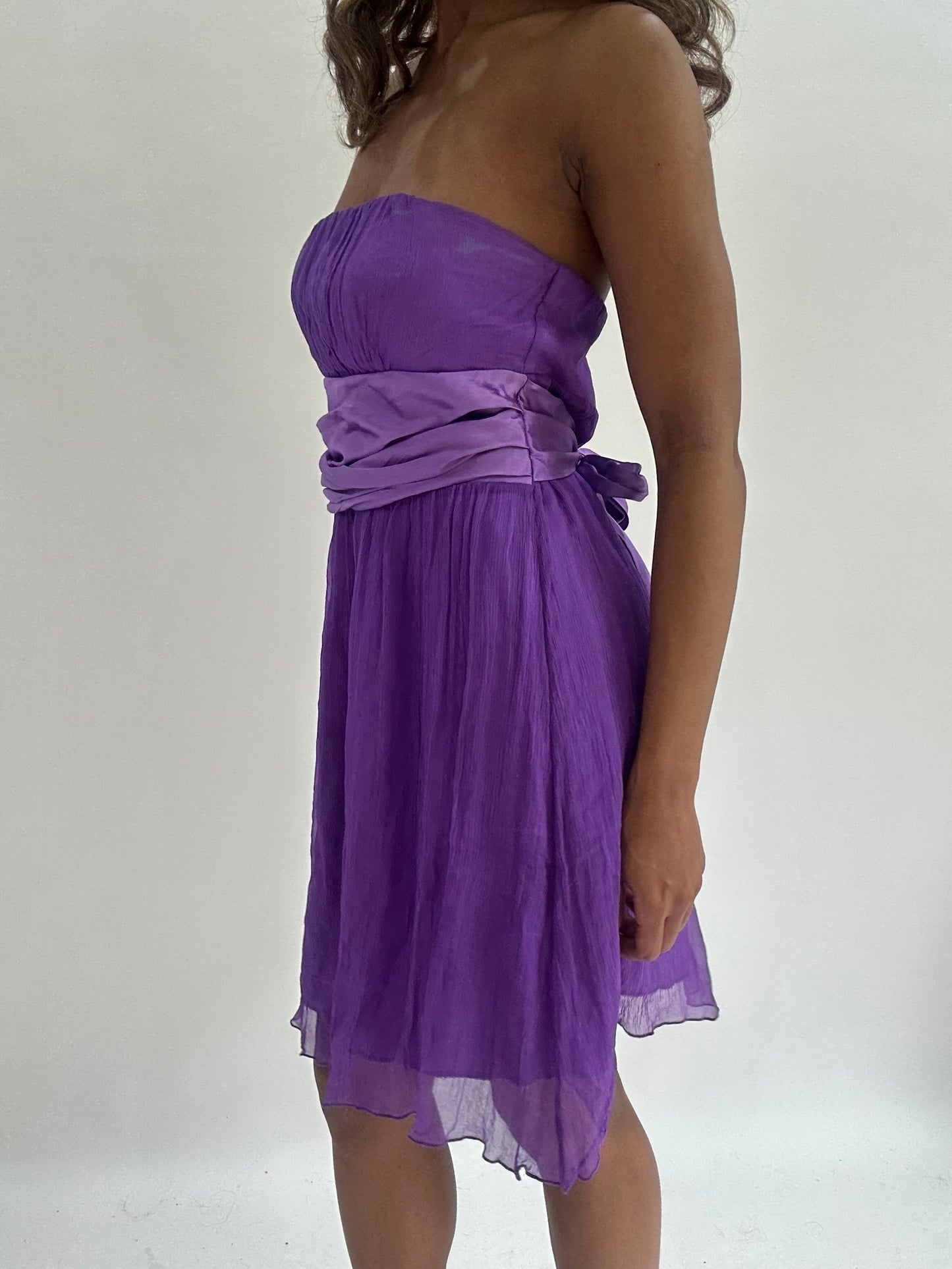 wedding guest drop | small purple silk layered bandeau mini dress