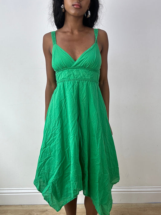 vintage edit twenty-five | small green asymmetric midi dress with braided strap detail