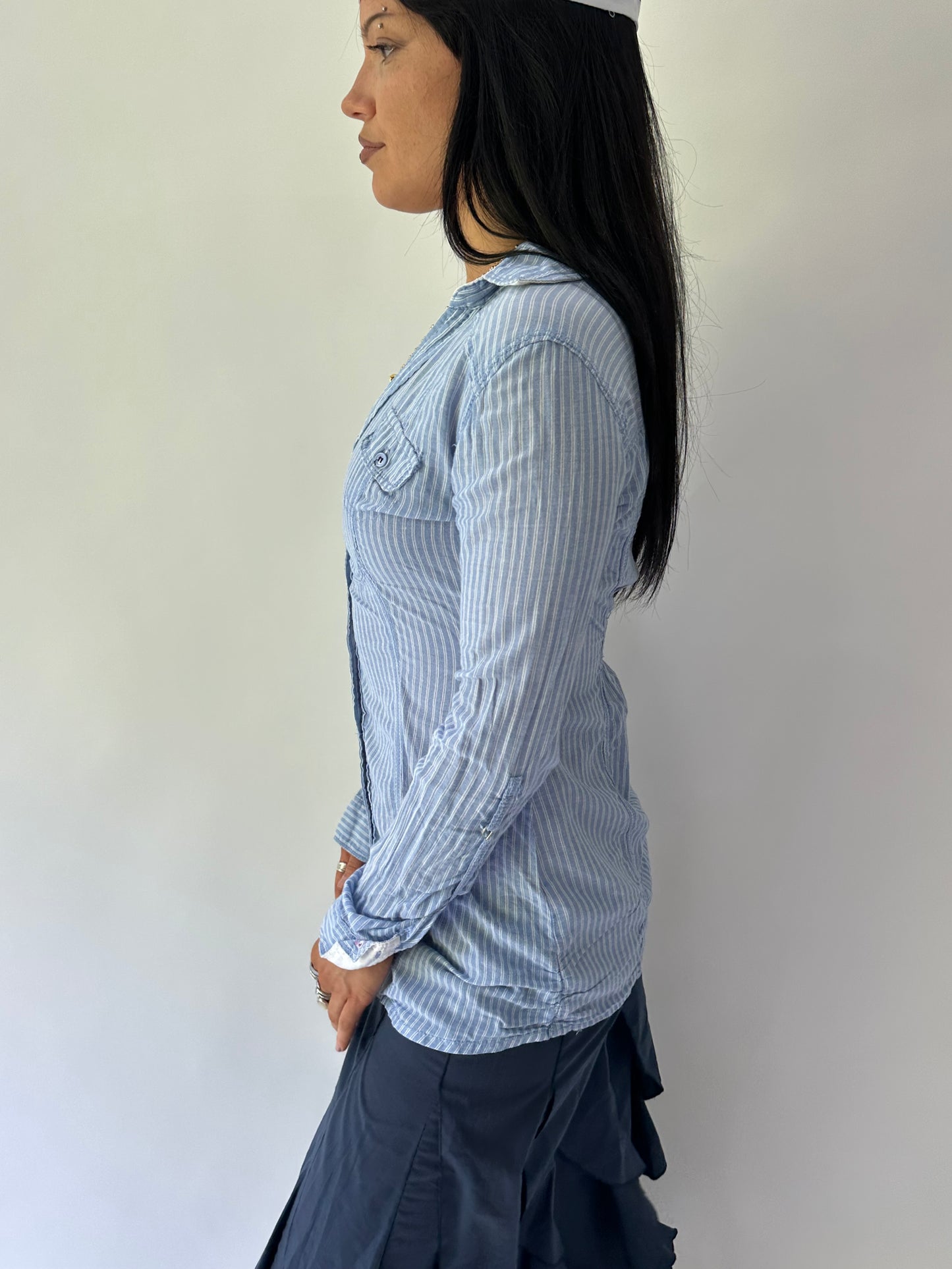 sailor drop | extra small blue pinstripe button up top