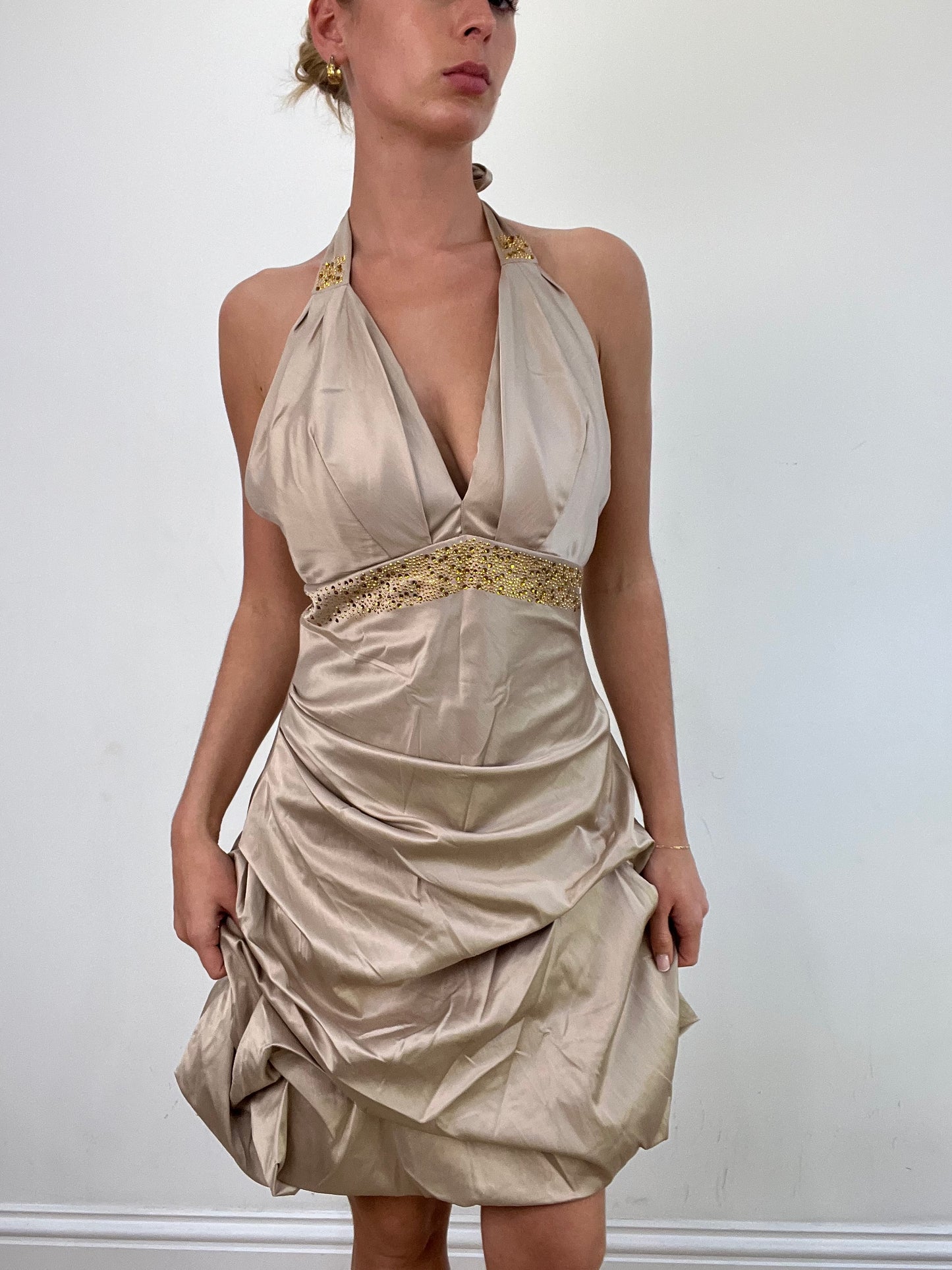 vintage edit: wedding guest | medium gold halter neck dress with diamante detail