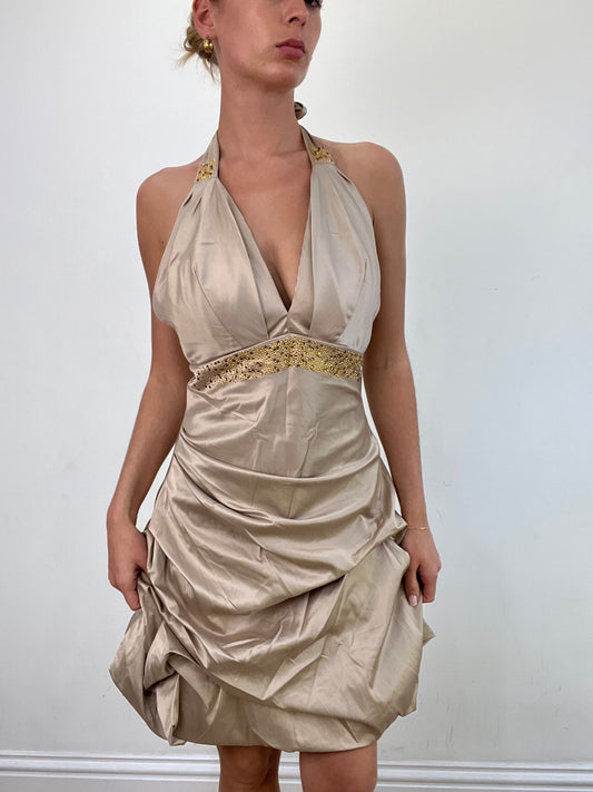 vintage edit: wedding guest | medium gold halter neck dress with diamante detail