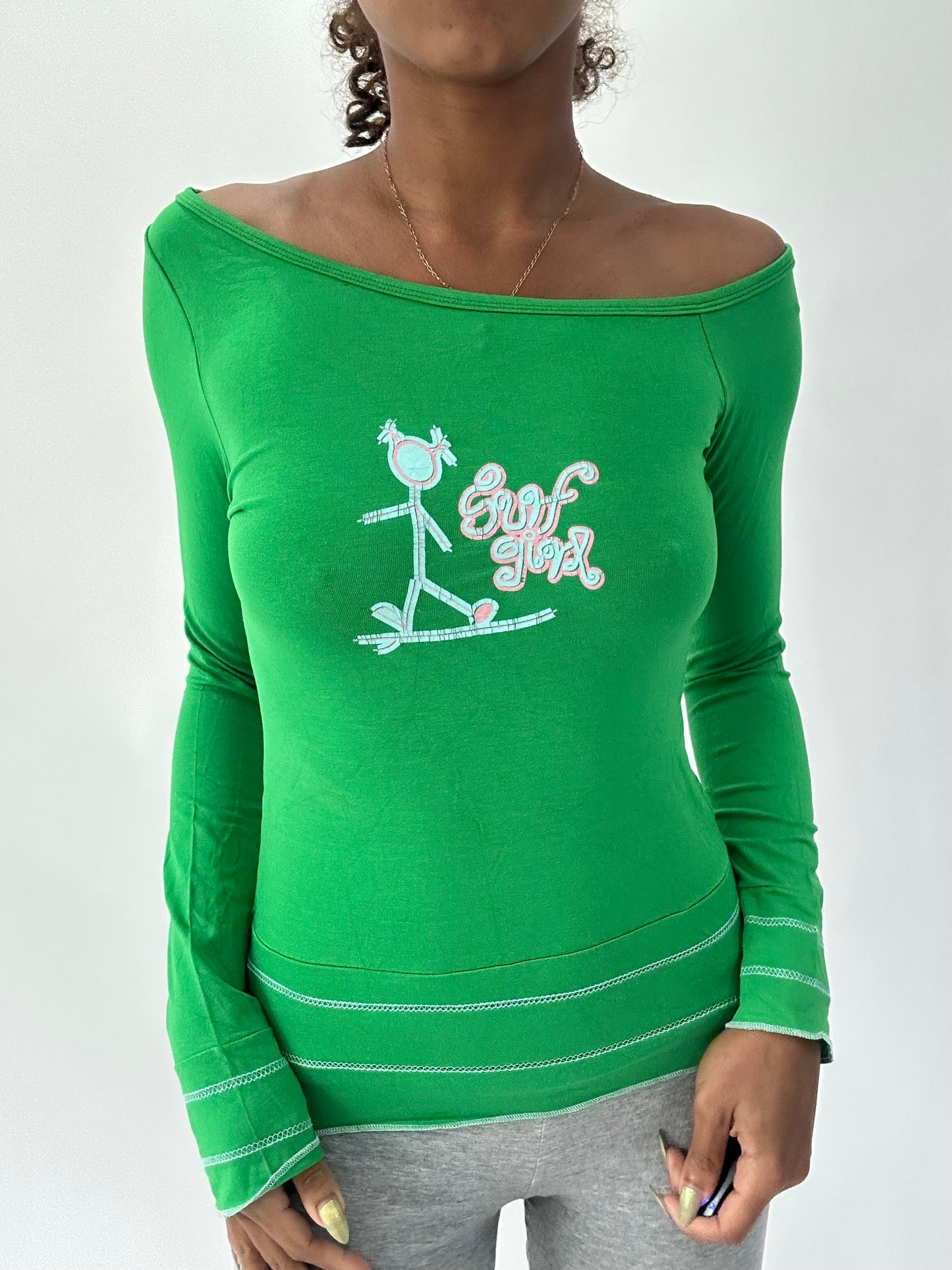 ‼️ | small green off the shoulder surf girl long sleeve top
