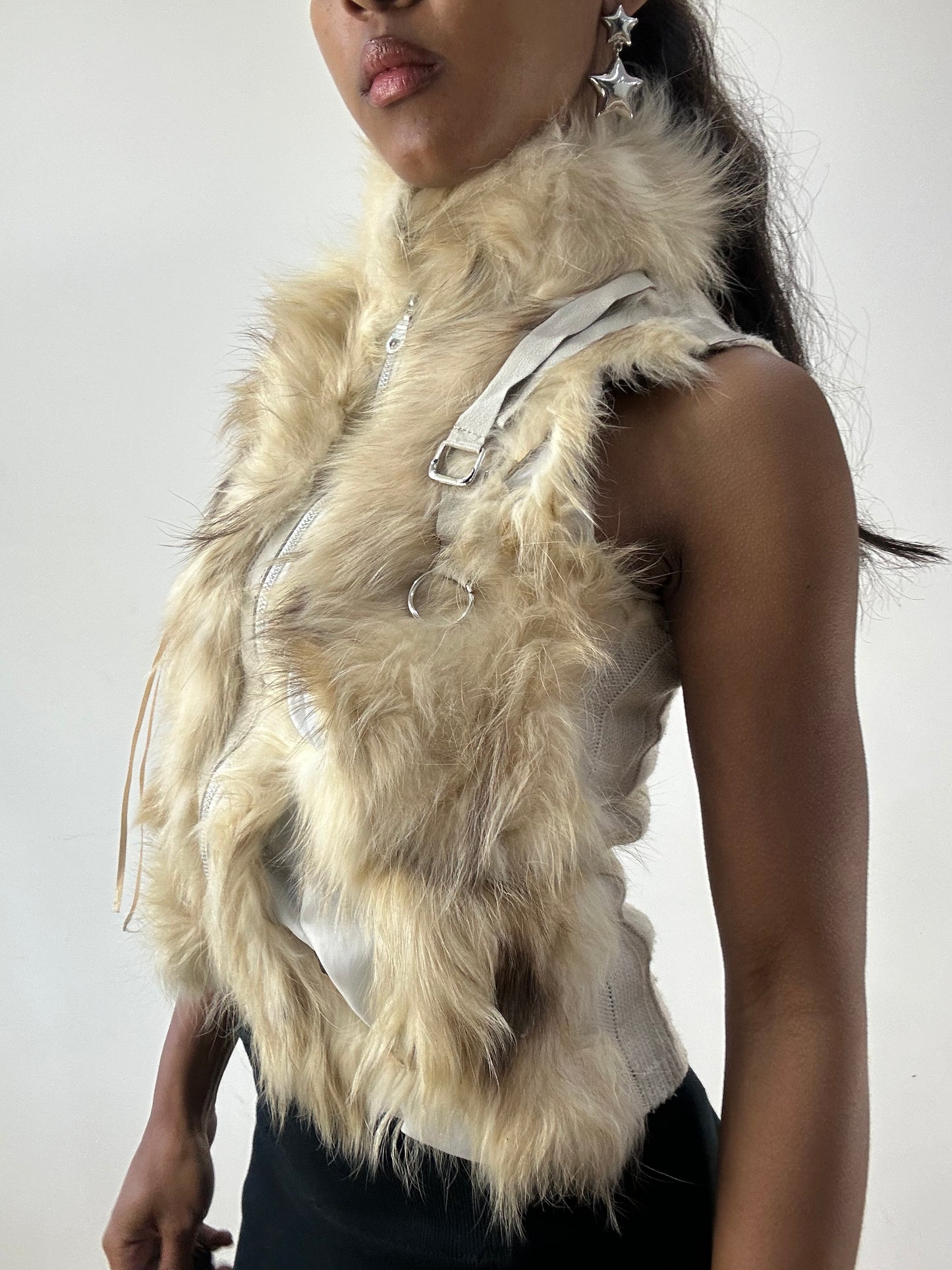 BEST PICKS | small beige fur gilet with distressed details