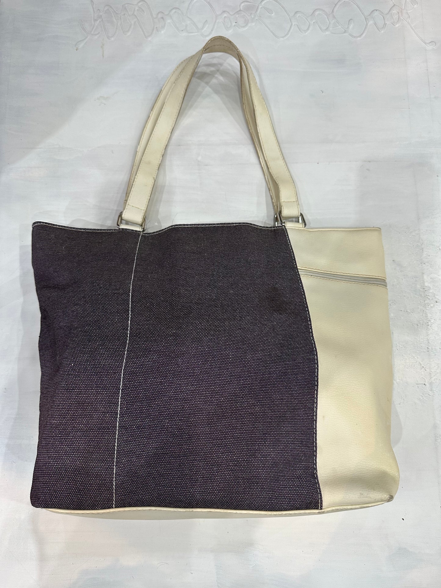 vintage edit thirty-four | white faux leather and denim shoulder bag