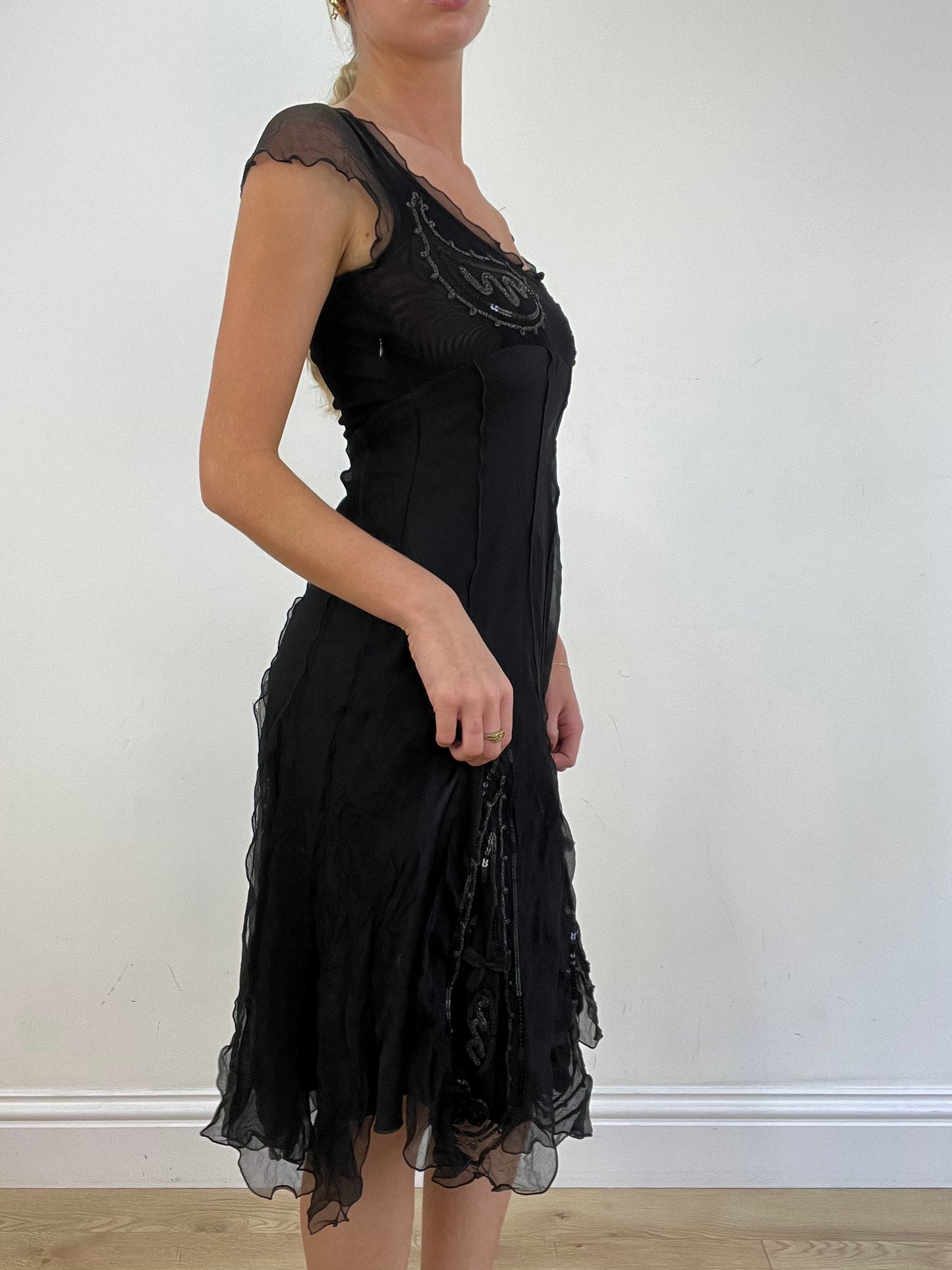 vintage edit thirteen | small black sequin chiffon midi dress