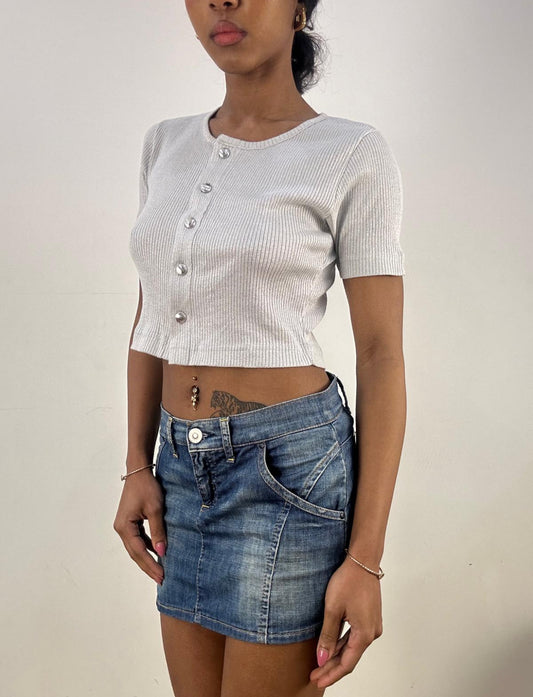 ‼️💻 small silver button up top with glitter fabric and silver button details