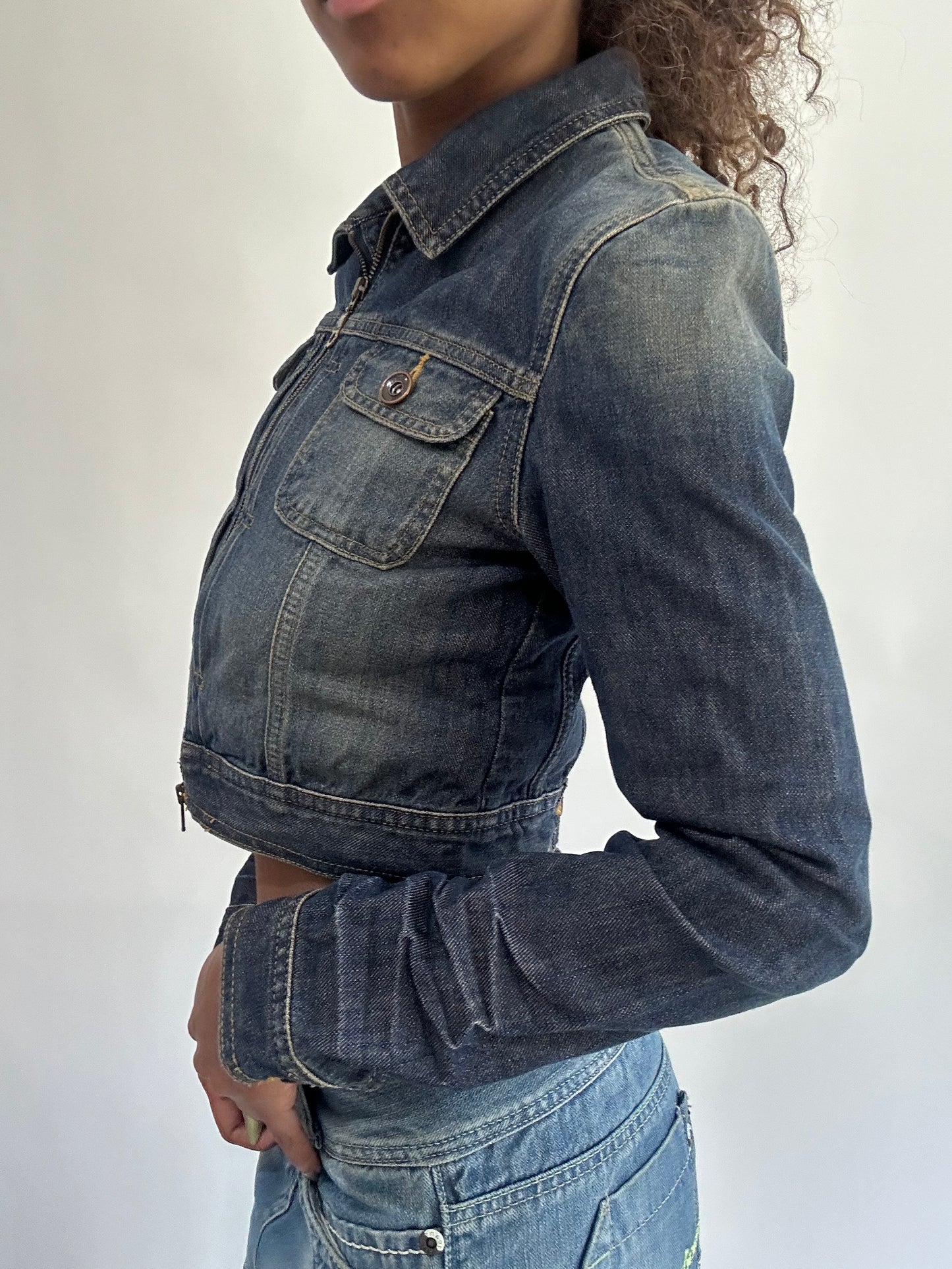 wag drop | small dark blue denim dual zip cropped jacket