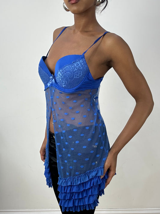 vintage edit: halloween | medium blue sheer babydoll top with polka dot print