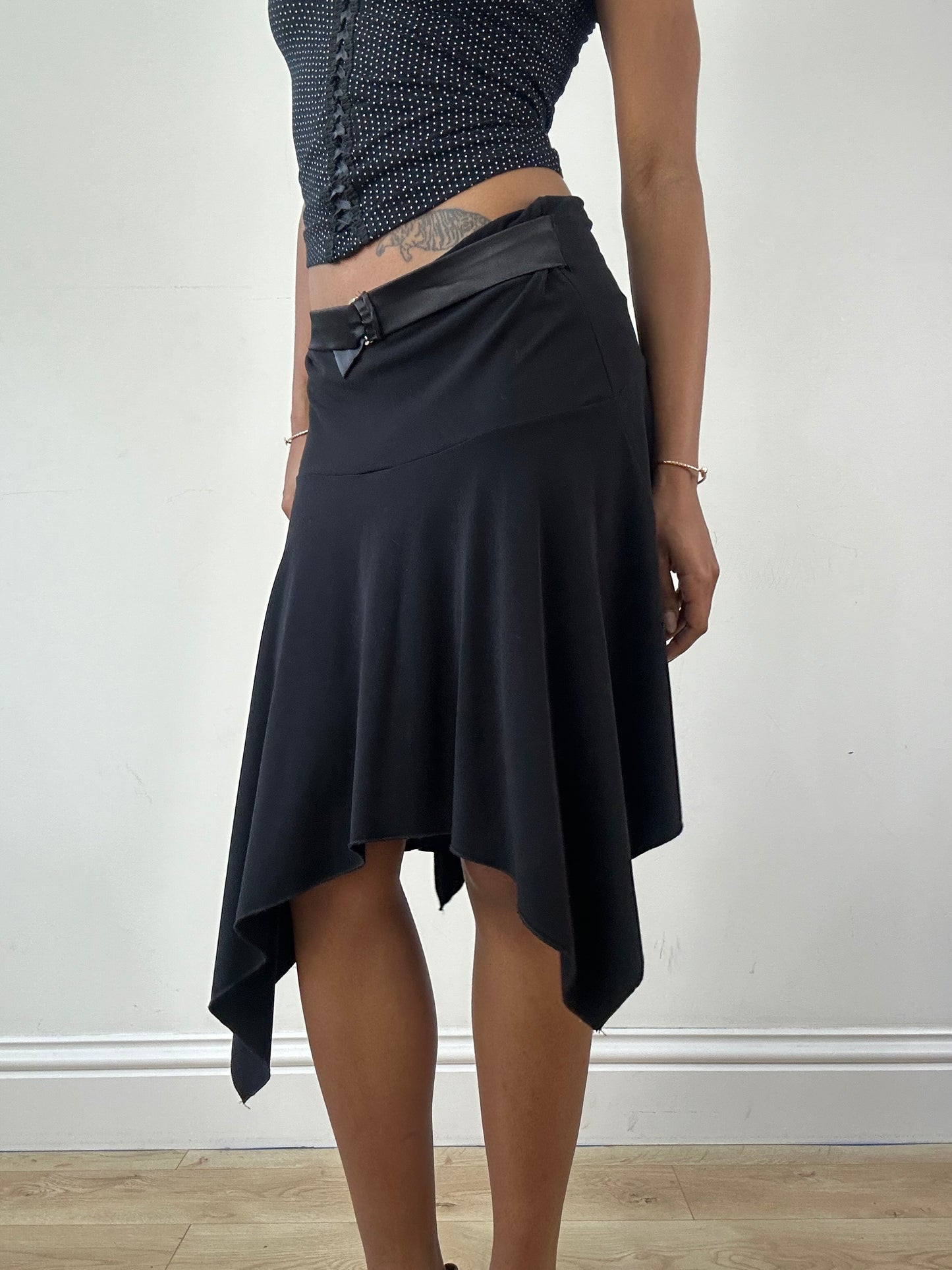 vintage edit twenty-one | small black asymmetric midi skirt with silver built in belt