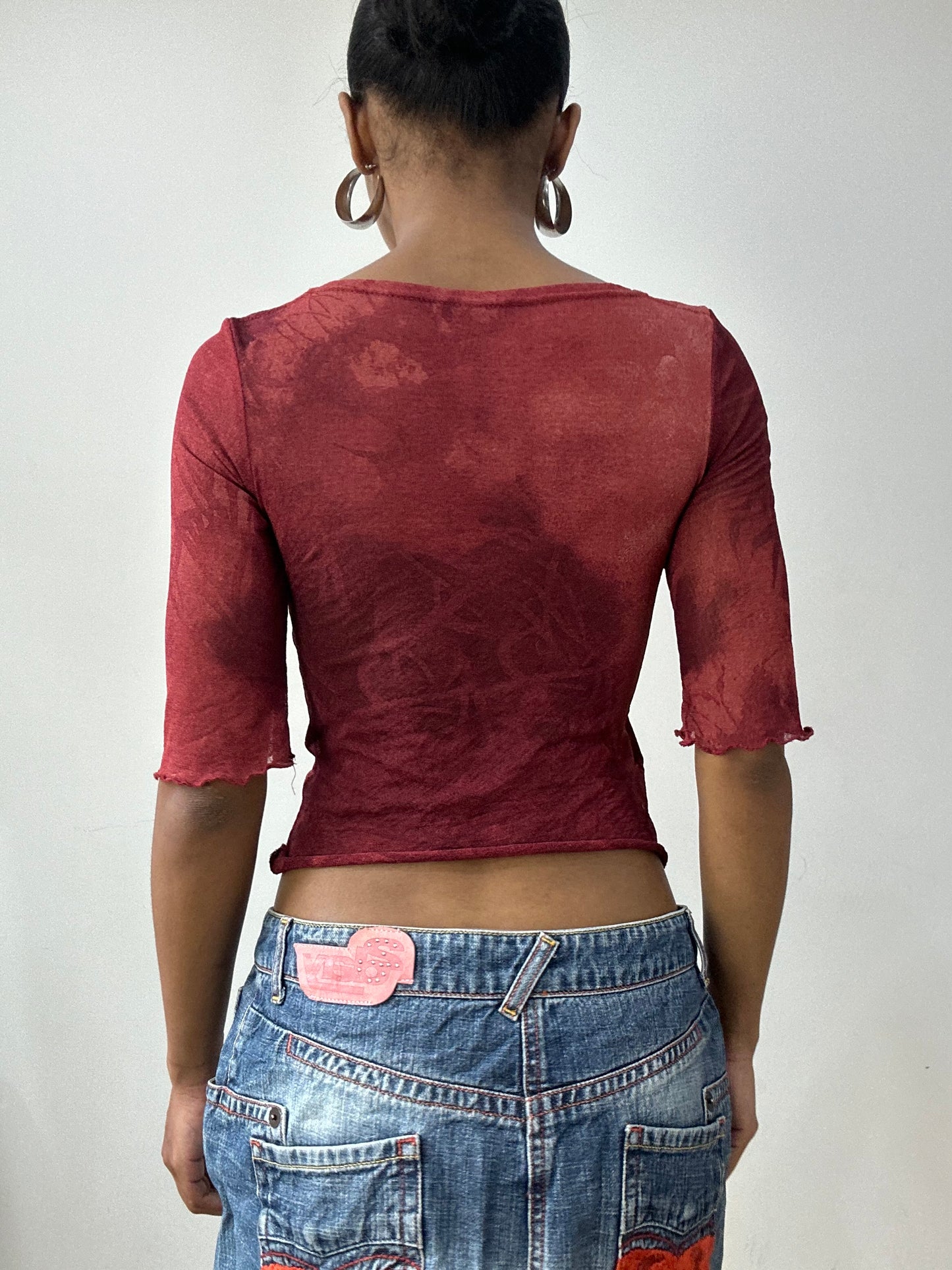 vintage edit thirty-two | small burgundy red mesh overlay top with bird graphic