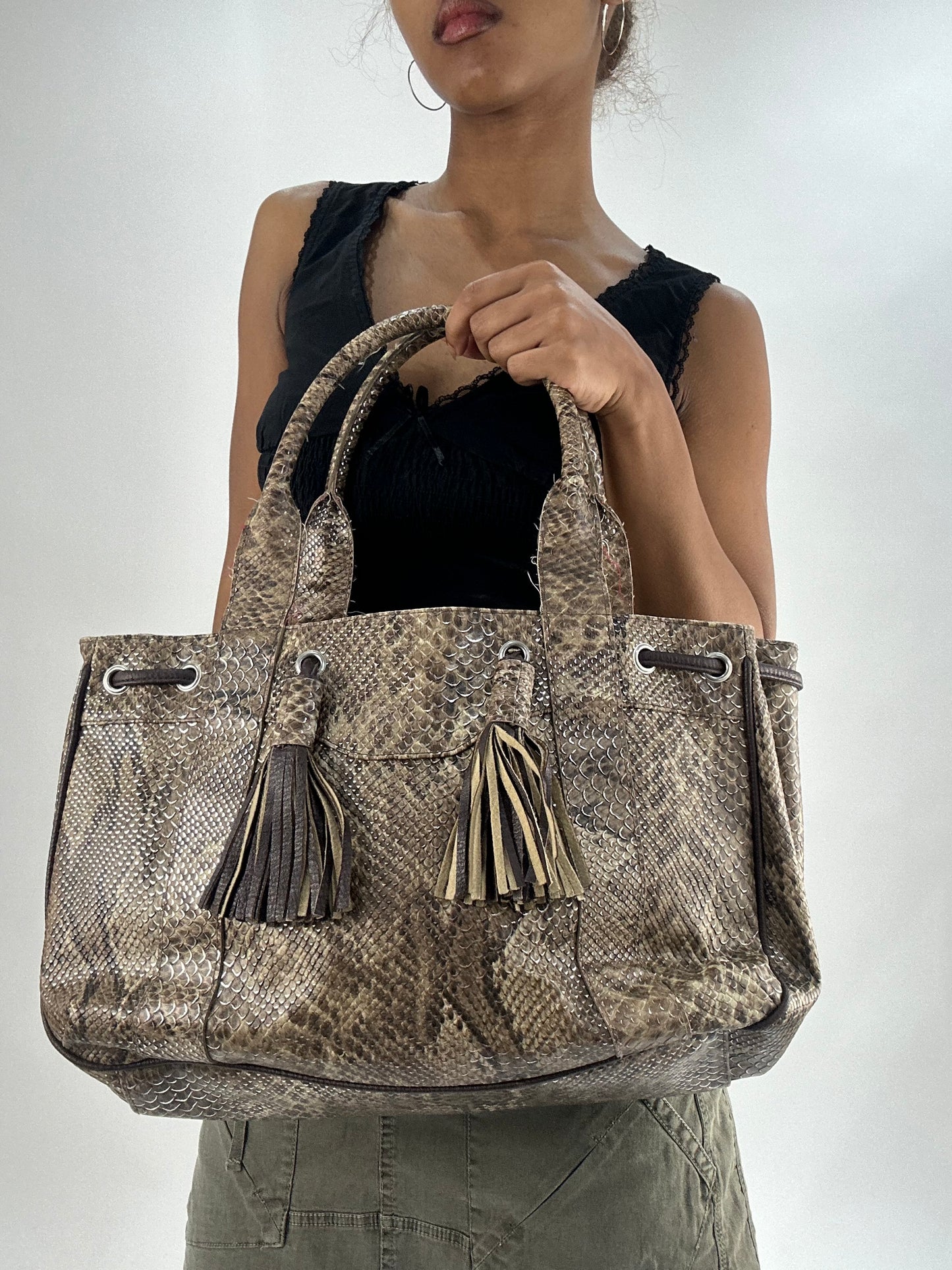vintage edit thirty-five | brown faux snake print shoulder bag