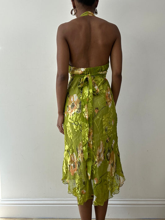 vintage edit twenty-seven | taille: S · couleur: vert + irisé · article: robe · détails: encolure dos-nu + fleuri + motif