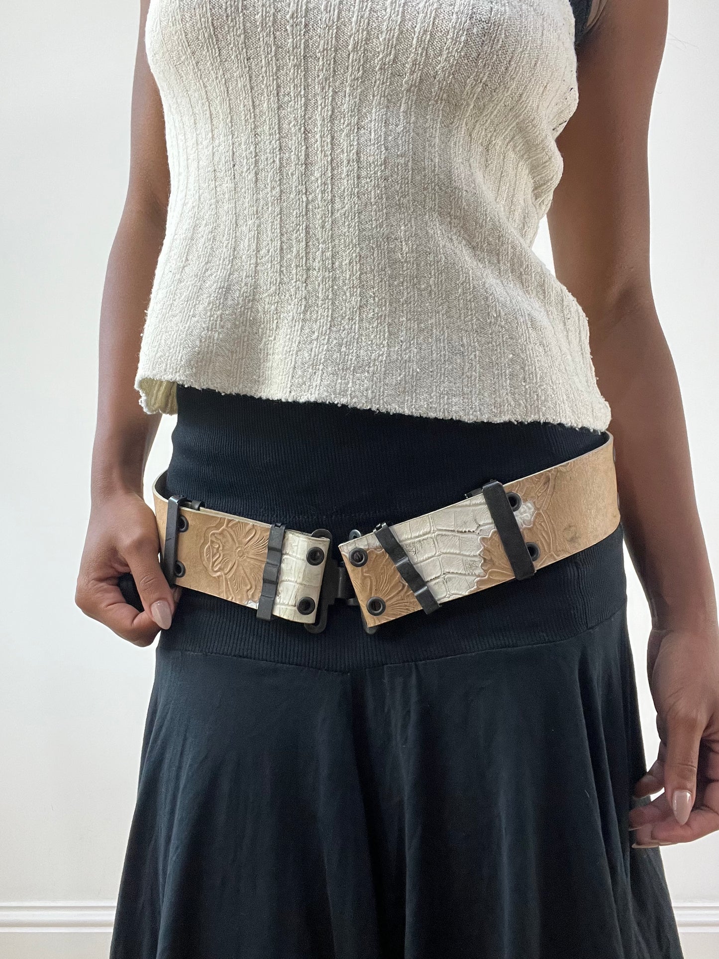 BEST PICKS | brown faux leather embossed belt with metal hardware