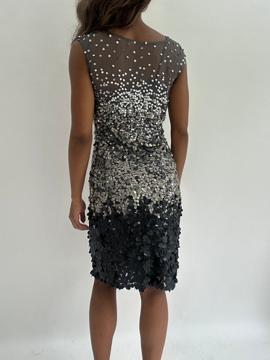 wedding guest drop | small grey sequin midi dress
