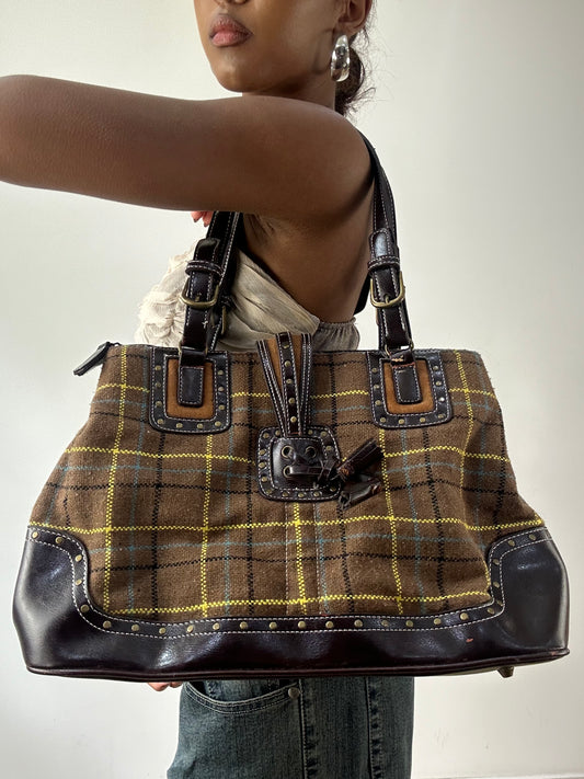 LFW edit | brown and yellow plaid tweed shoulder bag